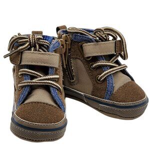 Koalababy Infant Size 0 High-Top Sneakers Laces Zippers Brown Blue Canvas Suede
